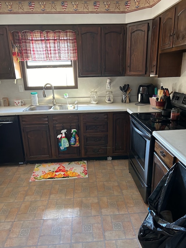 kitchen with stainless steel electric range oven, dishwasher, dark brown cabinets, and sink