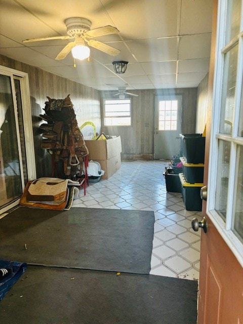 basement featuring ceiling fan
