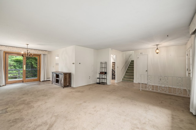 2055 Random Dr, Mansfield, OH 44904 - unfurnished living room with carpet flooring, stairway, and a chandelier