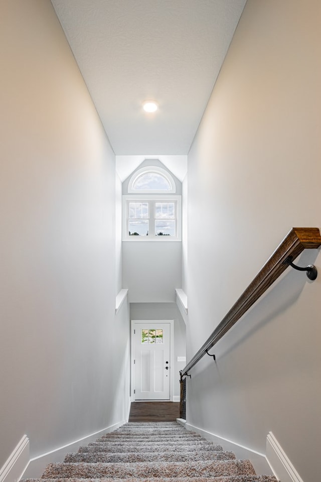 stairway with a towering ceiling