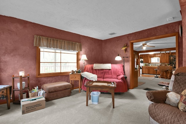 28 W Main St, Hayesville, OH 44838 - living area with carpet flooring, a textured ceiling, visible vents, and ceiling fan
