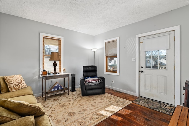 living area featuring wood-type flooring and a textured ceiling