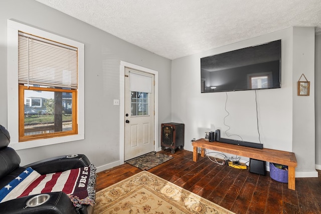 living room featuring a textured ceiling and dark hardwood / wood-style flooring