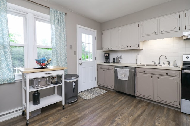 468 Clearview Rd, Mansfield, OH 44907 - kitchen with dishwasher, baseboard heating, dark wood-type flooring, backsplash, and gray cabinets