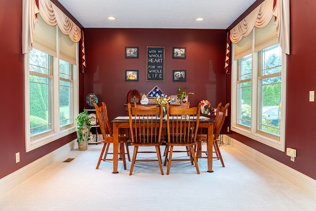 carpeted dining room featuring a healthy amount of sunlight