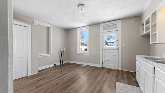 washroom with cabinets, dark hardwood / wood-style floors, and a textured ceiling