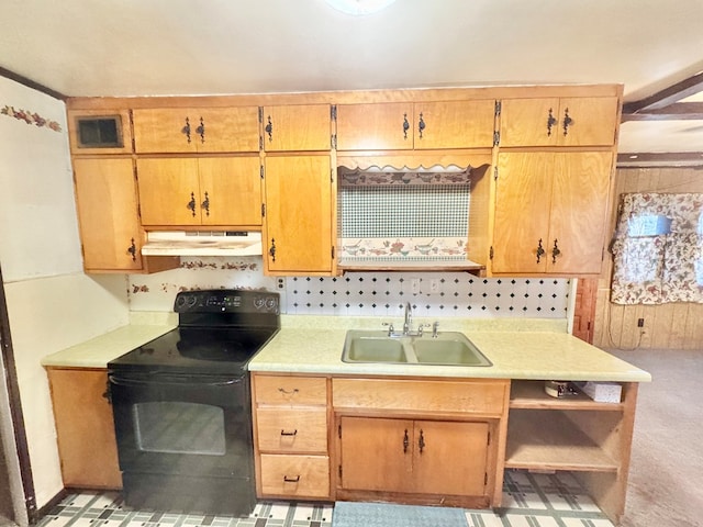 kitchen featuring visible vents, under cabinet range hood, light countertops, black / electric stove, and a sink