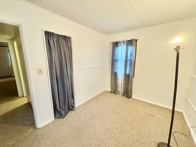 spare room with baseboards, carpet floors, and ornamental molding