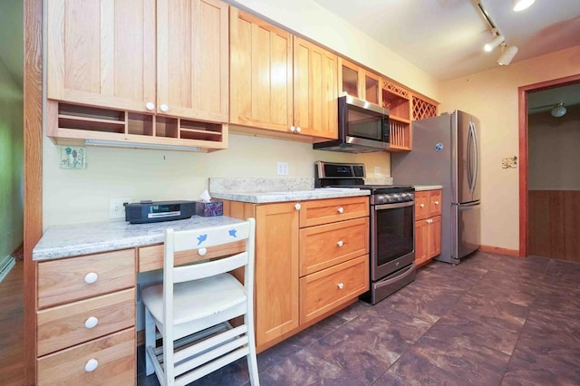 18373 Bentwood Dr, Doylestown, OH 44230 - kitchen featuring appliances with stainless steel finishes, open shelves, track lighting, and light brown cabinets