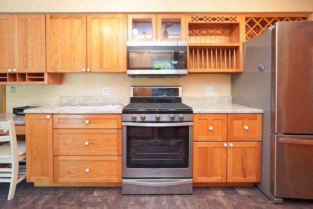 18373 Bentwood Dr, Doylestown, OH 44230 - kitchen featuring stainless steel appliances, open shelves, and light stone counters