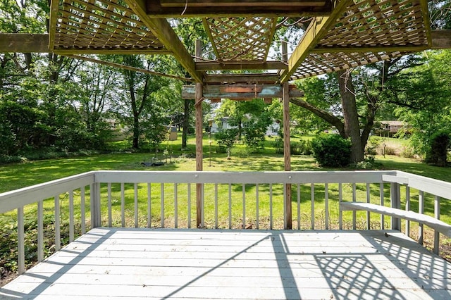 18373 Bentwood Dr, Doylestown, OH 44230 - wooden terrace with a pergola, a yard, and view of wooded area