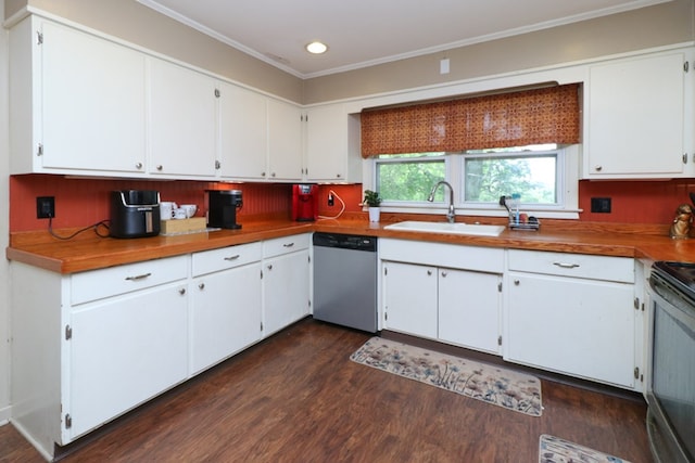 1321 W Hanley Rd, Mansfield, OH 44904 - kitchen featuring stainless steel dishwasher, a sink, dark wood-type flooring, ornamental molding, and white cabinets
