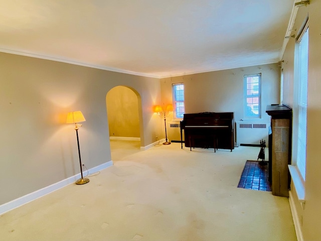 interior space with ornamental molding, radiator, and light carpet