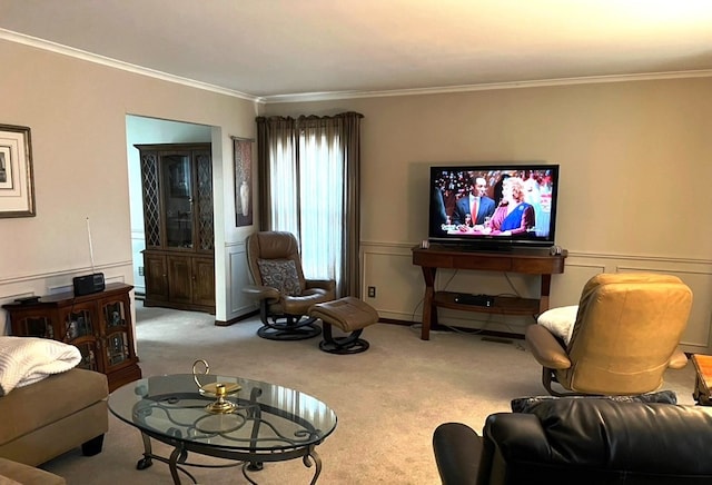 carpeted living room featuring crown molding