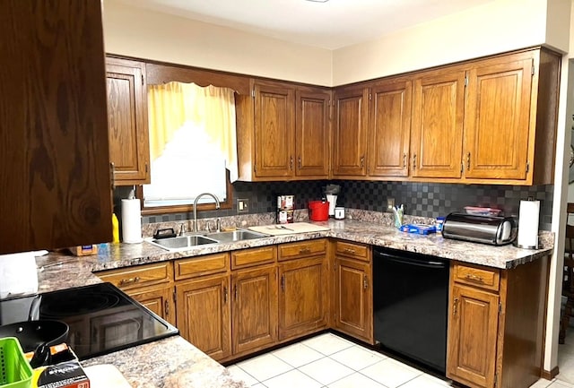 kitchen featuring range with electric stovetop, dishwasher, light tile patterned floors, tasteful backsplash, and sink