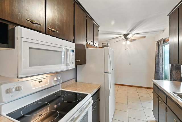 438 Mackey St, Galion, OH 44833 - kitchen with white appliances, a ceiling fan, dark brown cabinetry, and light tile patterned flooring