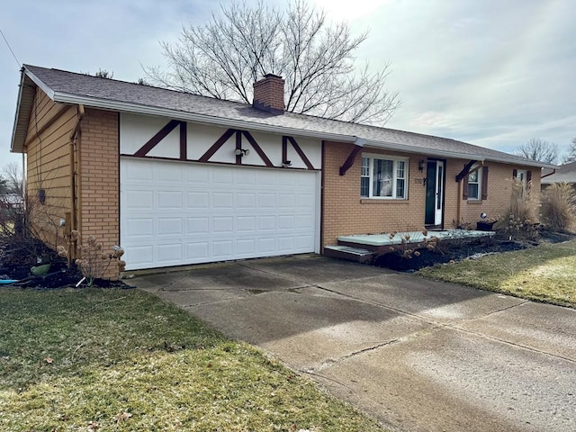 ranch-style house with a garage, concrete driveway, brick siding, and a chimney