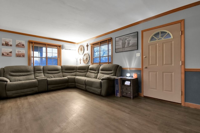 living room with hardwood / wood-style flooring, crown molding, and a wall mounted AC