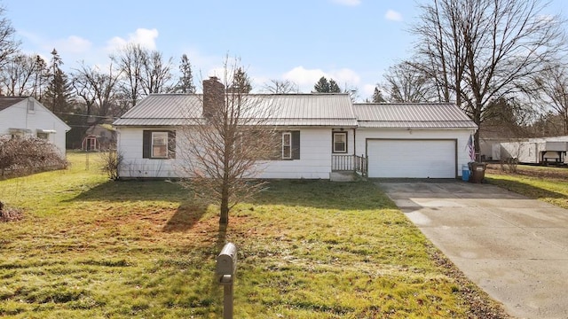 single story home featuring a front yard and a garage