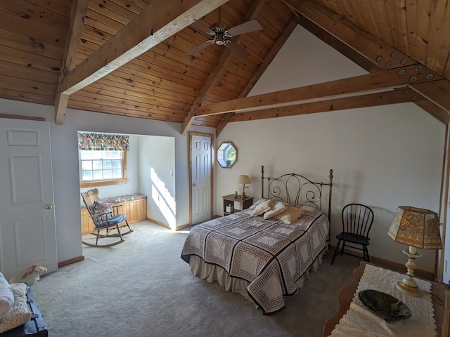 carpeted bedroom with vaulted ceiling with beams, ceiling fan, and wooden ceiling