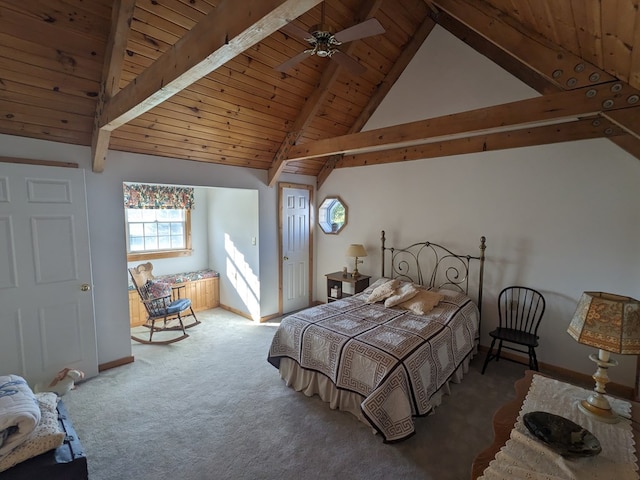 bedroom with carpet flooring, lofted ceiling with beams, ceiling fan, and wooden ceiling