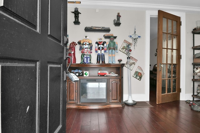 bar featuring crown molding and dark wood-type flooring