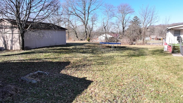 view of yard with an outdoor structure and a trampoline