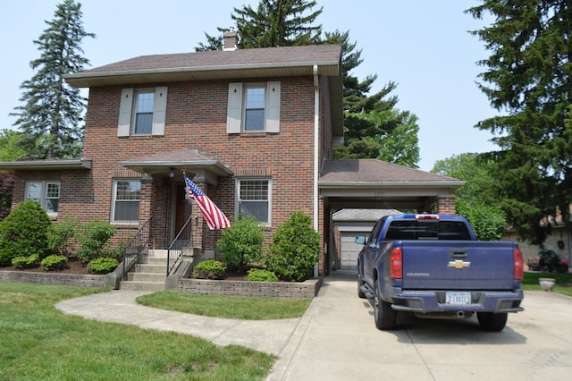 1211 S Sandusky Ave, Bucyrus, OH 44820 - view of front of house with driveway, a chimney, brick siding, a garage, and a shingled roof