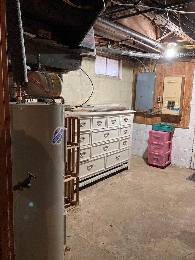 basement with electric panel and water heater