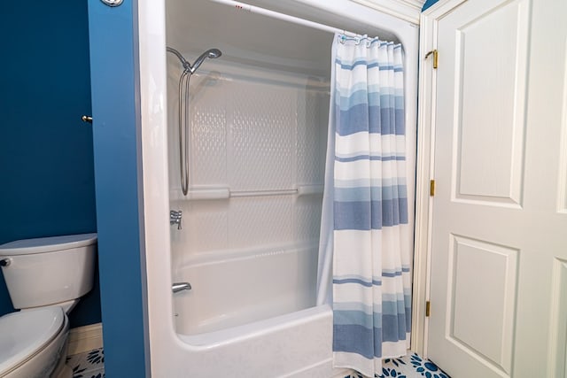 bathroom with shower / bath combination with curtain and toilet