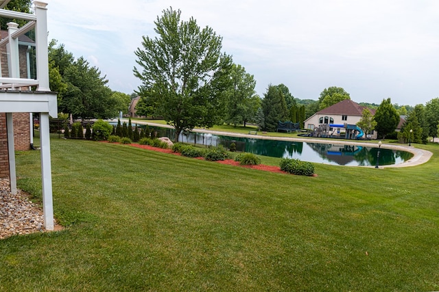 view of yard with a water view