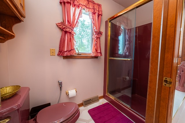 bathroom with plenty of natural light, toilet, and a shower with shower door