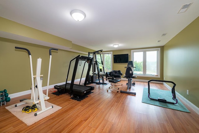 workout area featuring light hardwood / wood-style flooring