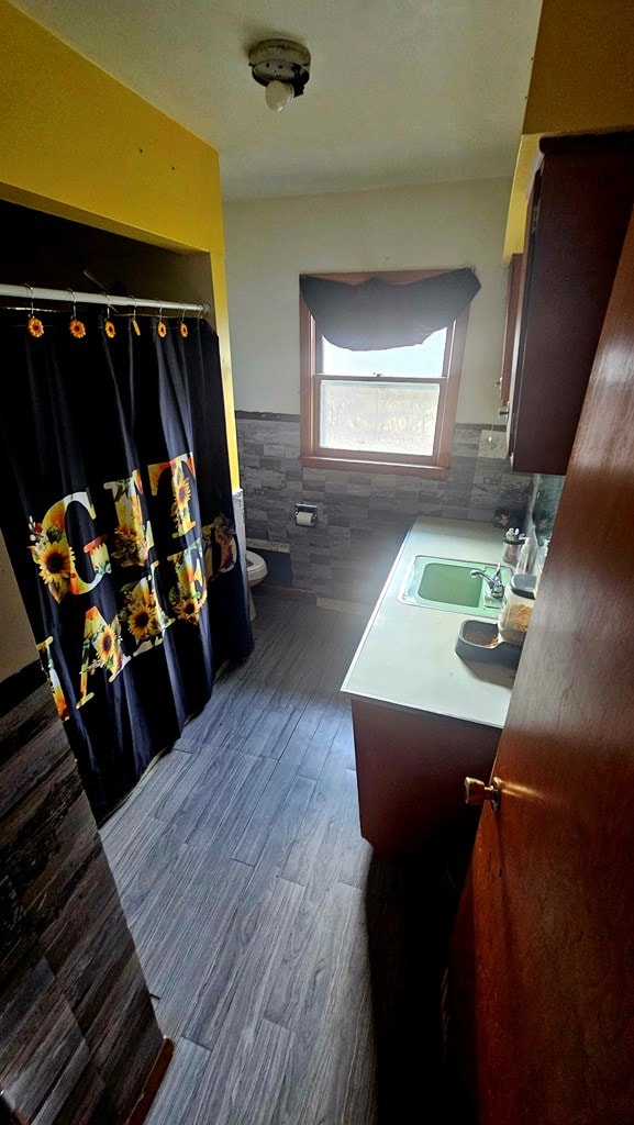 bathroom featuring hardwood / wood-style flooring, vanity, toilet, and tile walls