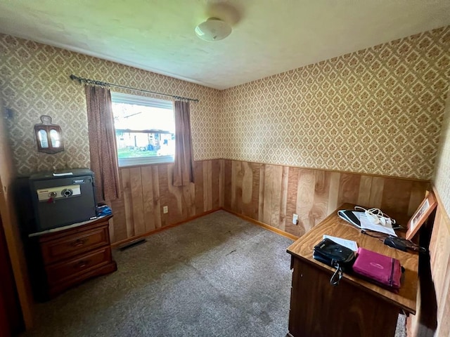 interior space featuring carpet and wood walls