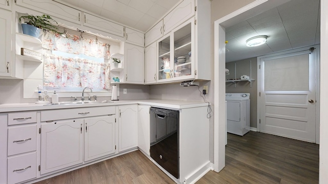 12 W Park Dr, Shelby, OH 44875 - kitchen featuring washer / clothes dryer, black dishwasher, open shelves, a sink, and wood finished floors