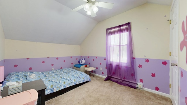 12 W Park Dr, Shelby, OH 44875 - carpeted bedroom featuring vaulted ceiling, a ceiling fan, and baseboards