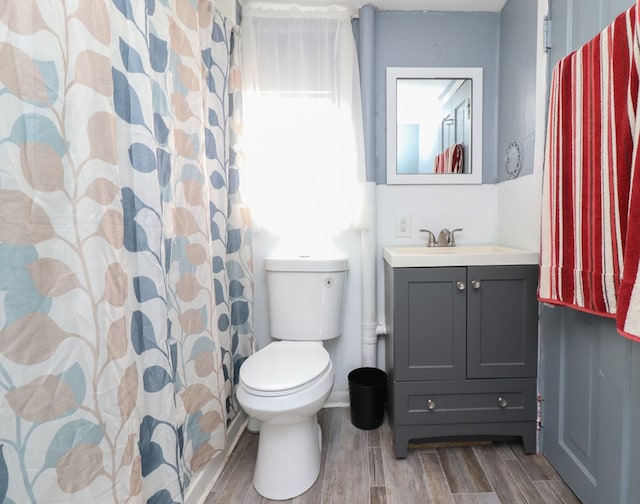 bathroom with toilet, vanity, and hardwood / wood-style flooring