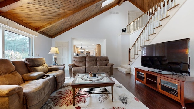 living room with beamed ceiling, high vaulted ceiling, dark hardwood / wood-style floors, and wood ceiling