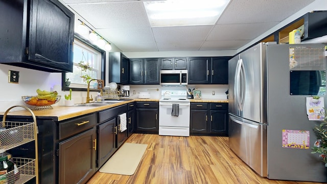 41 Auburn Ave, Shelby, OH 44875 - kitchen with appliances with stainless steel finishes, a paneled ceiling, light countertops, and light wood-style floors