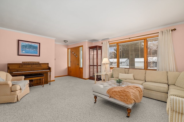 living room with light carpet and ornamental molding