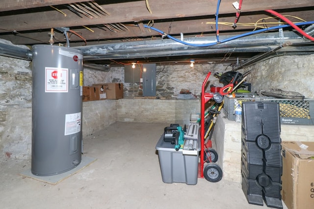 unfinished basement with water heater and electric panel