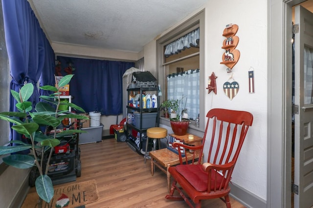 sitting room with baseboards, wood finished floors, and a textured ceiling