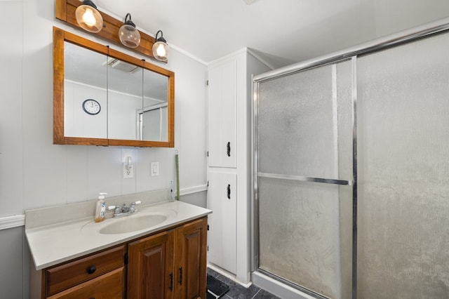 bathroom featuring vanity and walk in shower