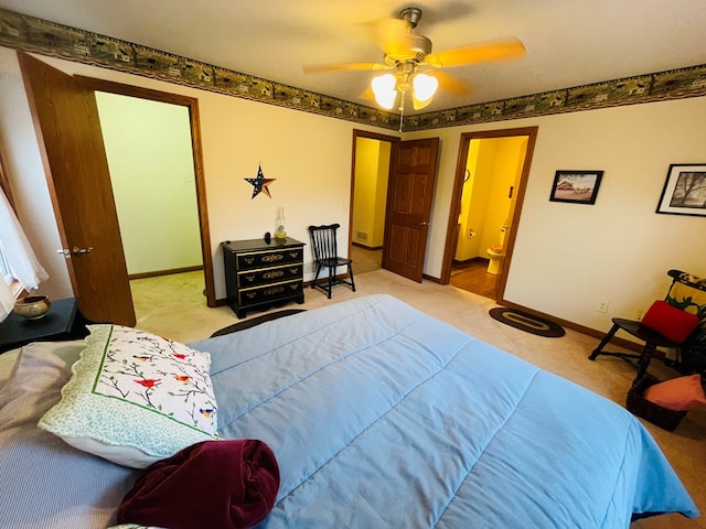 bedroom with light colored carpet and ceiling fan