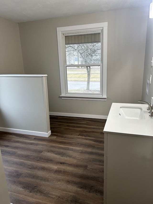 interior space featuring a sink, dark wood finished floors, and baseboards
