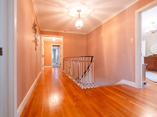 hall with wood-type flooring and ornamental molding