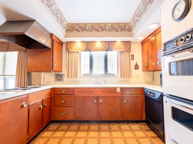 kitchen featuring white appliances, wall chimney exhaust hood, a healthy amount of sunlight, and sink