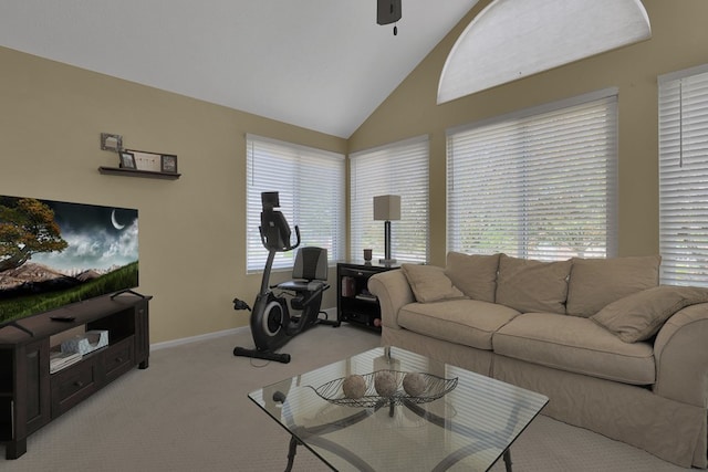 810 Whippoorwill Ln, Mansfield, OH 44906 - living area featuring light colored carpet, plenty of natural light, a ceiling fan, and high vaulted ceiling