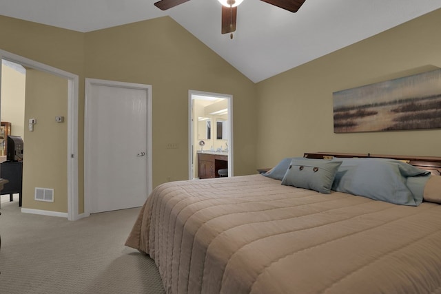 810 Whippoorwill Ln, Mansfield, OH 44906 - bedroom featuring light carpet, a ceiling fan, connected bathroom, and high vaulted ceiling